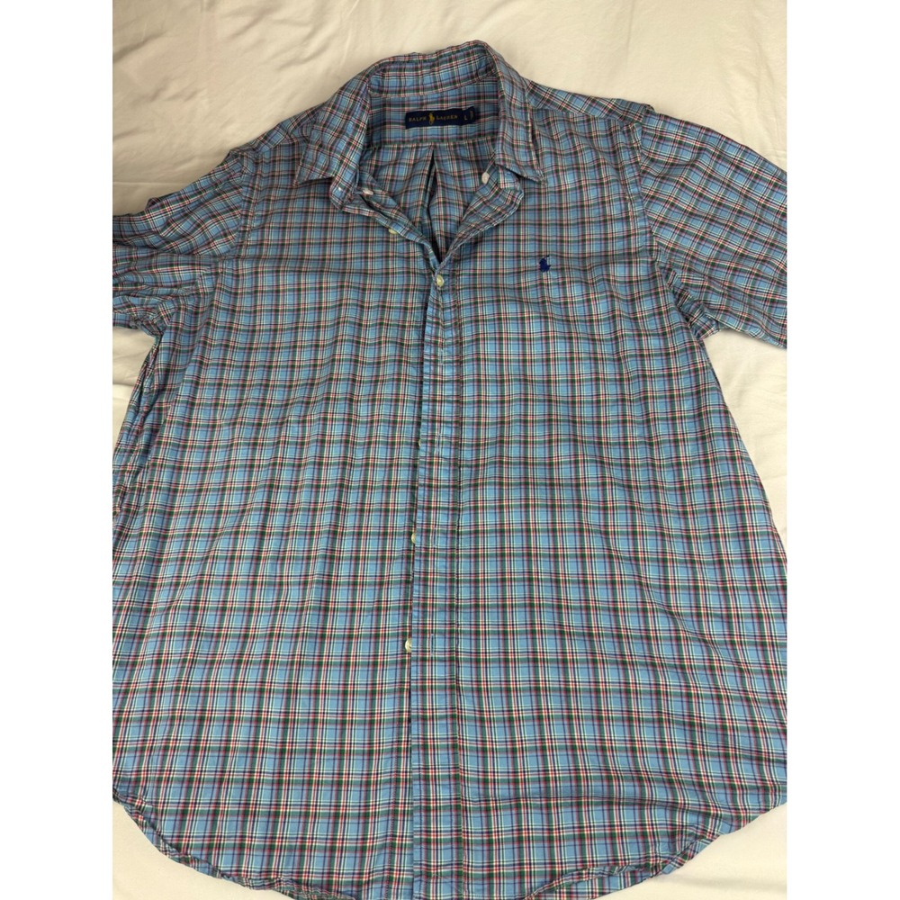 Ralph Lauren Mens Plaid Short Sleeve Button Down Shirt Blue Red Green Size L